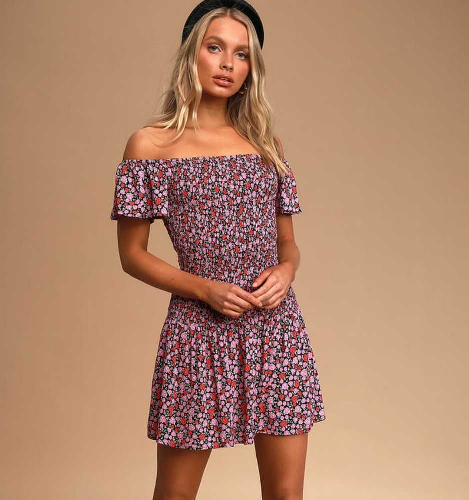 Lulus Black Floral Smocked-Off Shoulder dress M